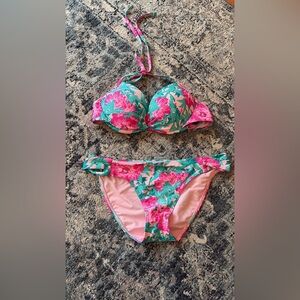 Xhilaration Pink and Green Floral Bikini